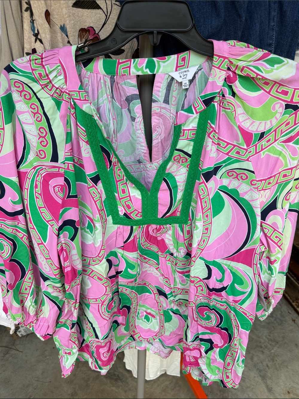 crown & ivy Pink Green Swirl Print V-Neck Tunic